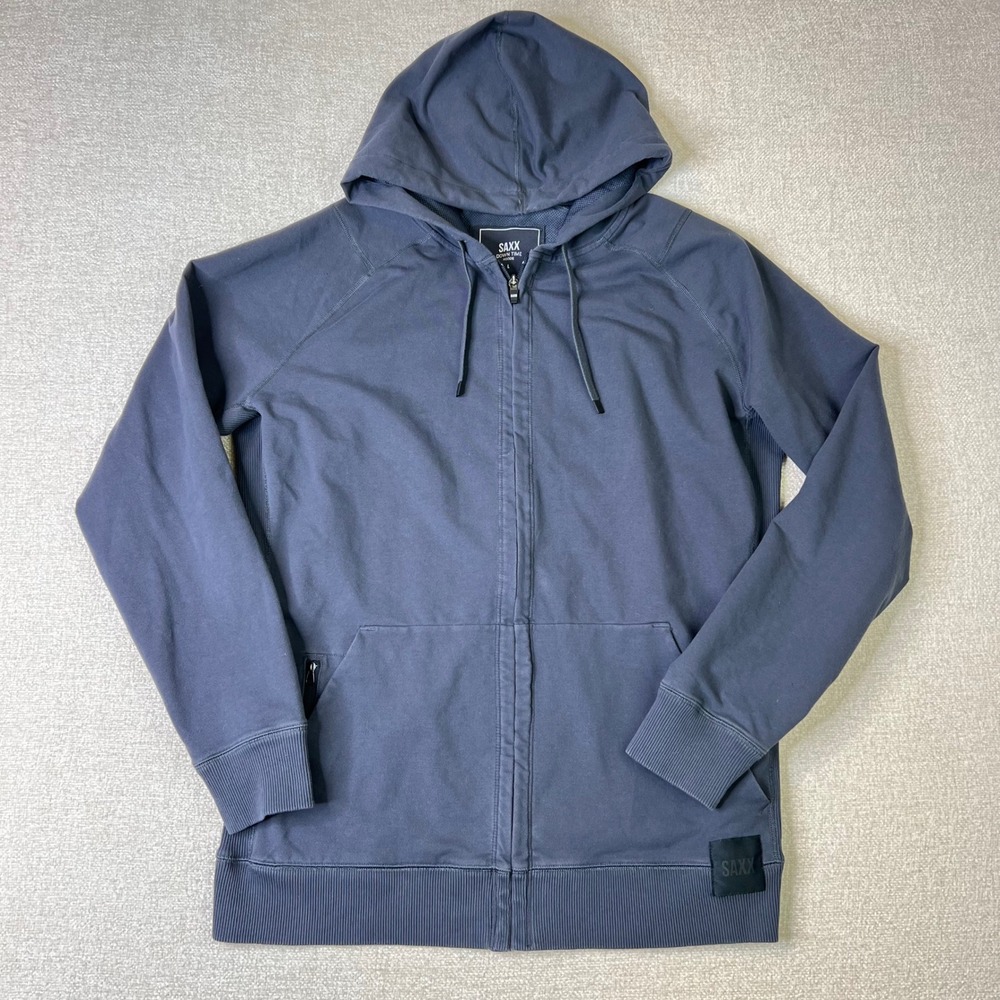 Saxx Down Time Full Zip Hoodie Mens Large Blue Cotton Blend Stretch Sweatshirt